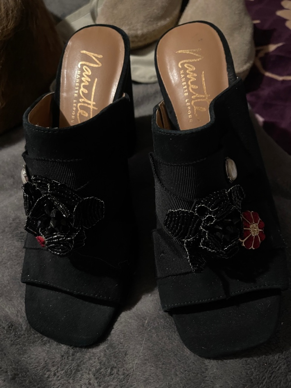 Nanette Lepore Black Beaded Floral Accent Mules